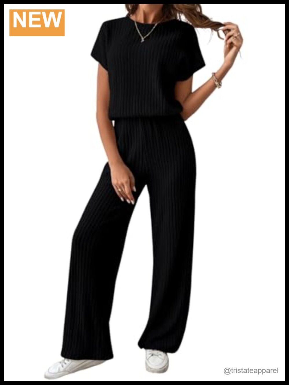 Happy Sailed Women's Ribbed Knit Crewneck Short Sleeve Wide Leg Jumpsuit